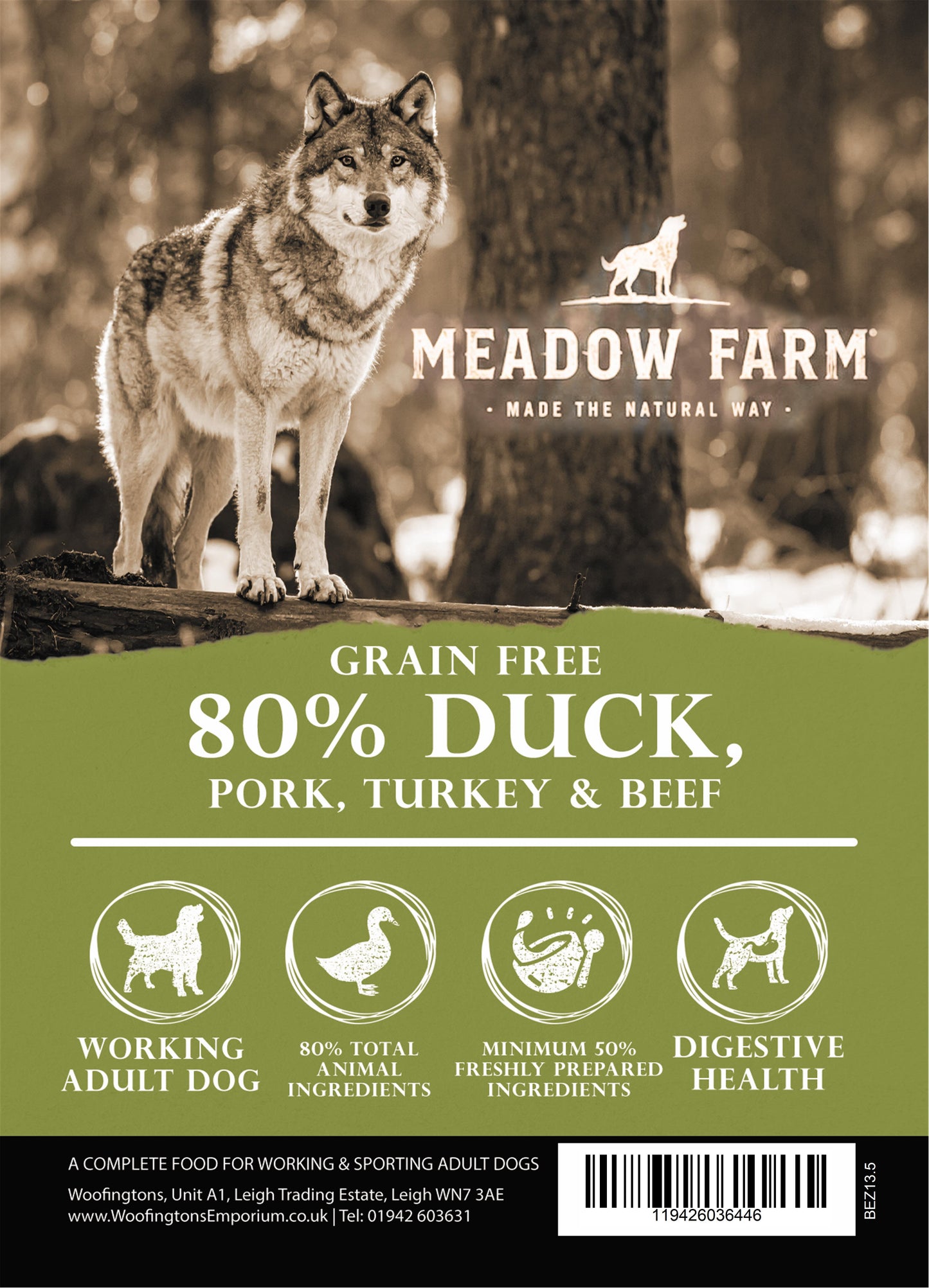 Meadow Farm Wilderness 80% Duck dog food bag