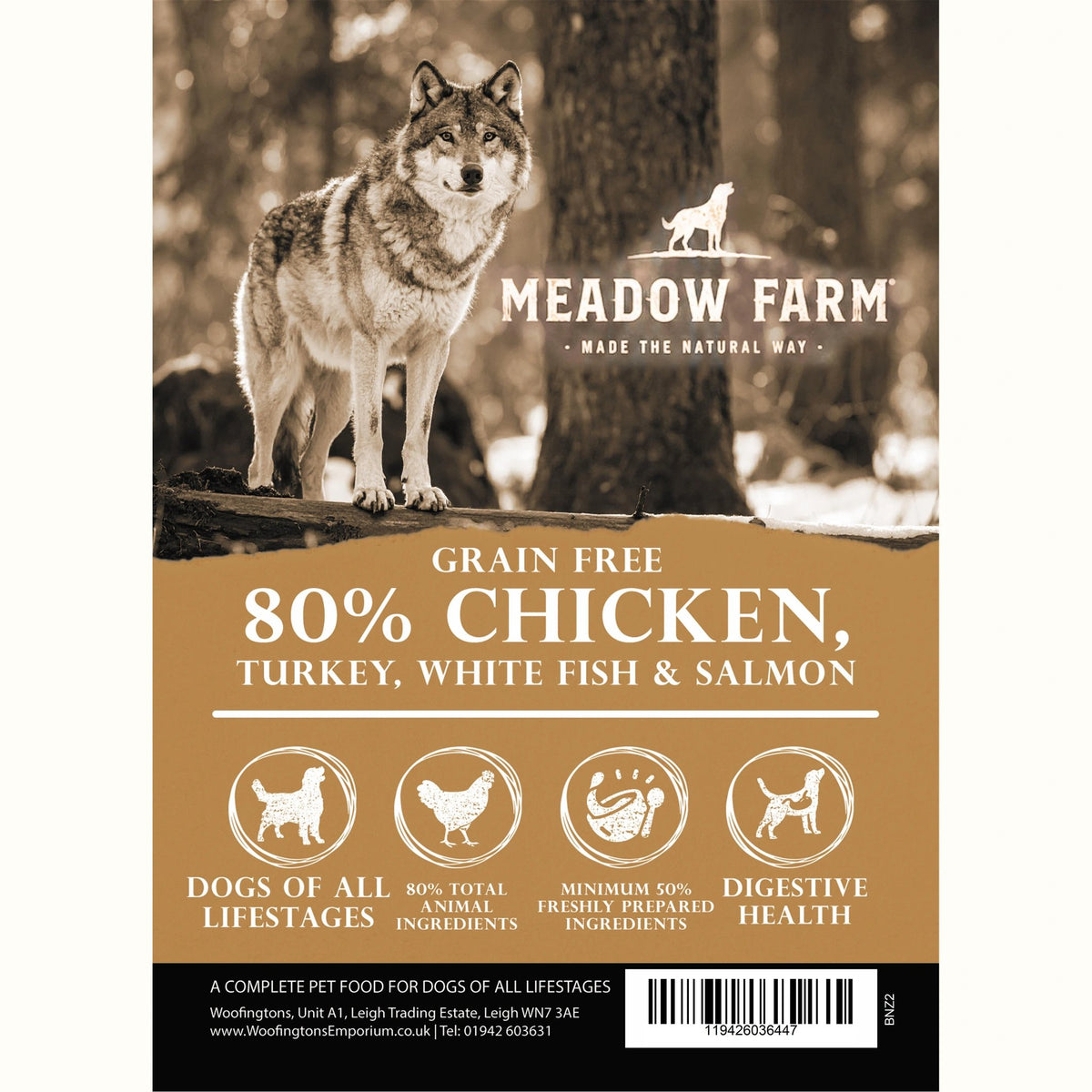 Meadow Farm Wilderness 80% Chicken dog food bag