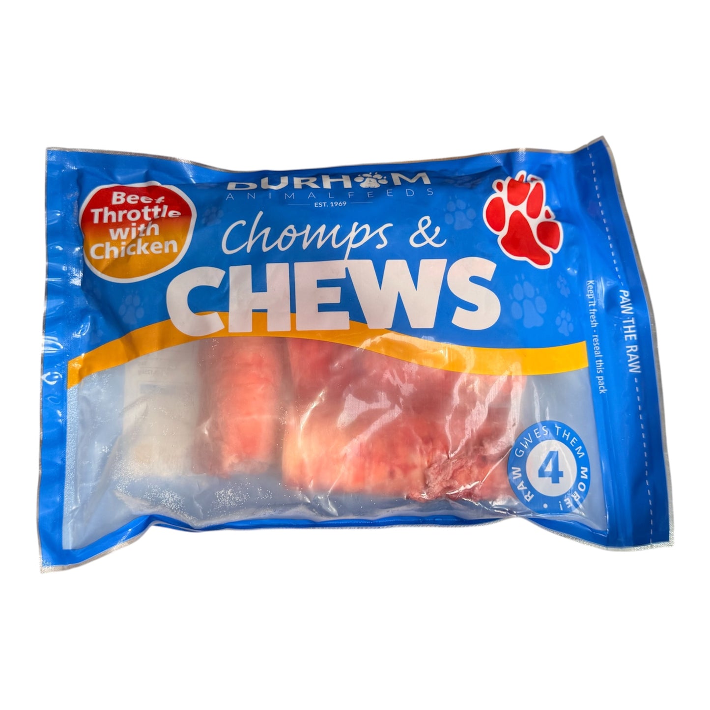 Durham Animal Feeds Beef Throttle with Chicken Chomps & Chews 4 Pack