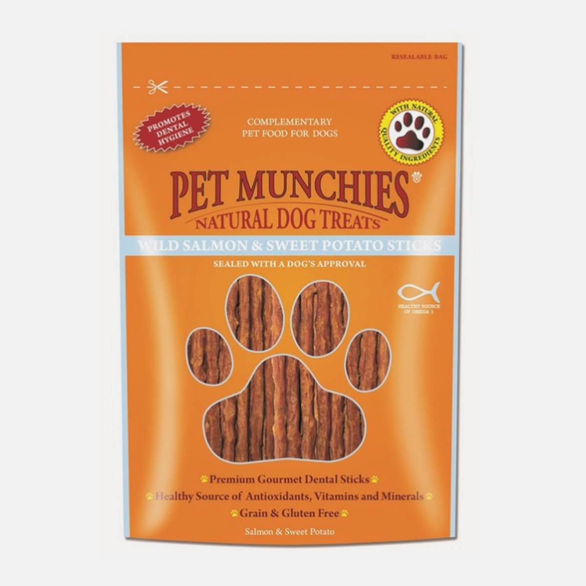 Pet Munchies Wild Salmon & Sweet Potato Sticks 90g – available from Woofingtons