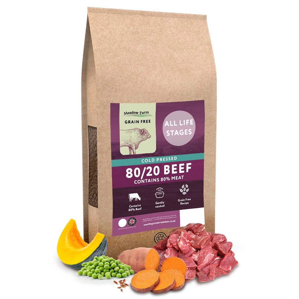 Meadow Farm Cold Pressed Beef 80/20 Dog Food – available from Woofingtons