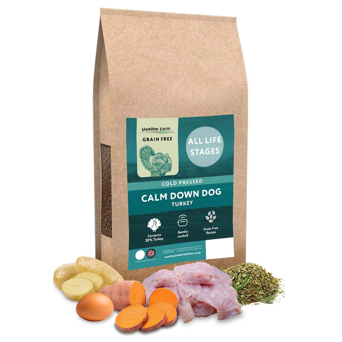 Meadow Farm Cold Pressed Turkey Calm Down Dog Food 12kg – available from Woofingtons