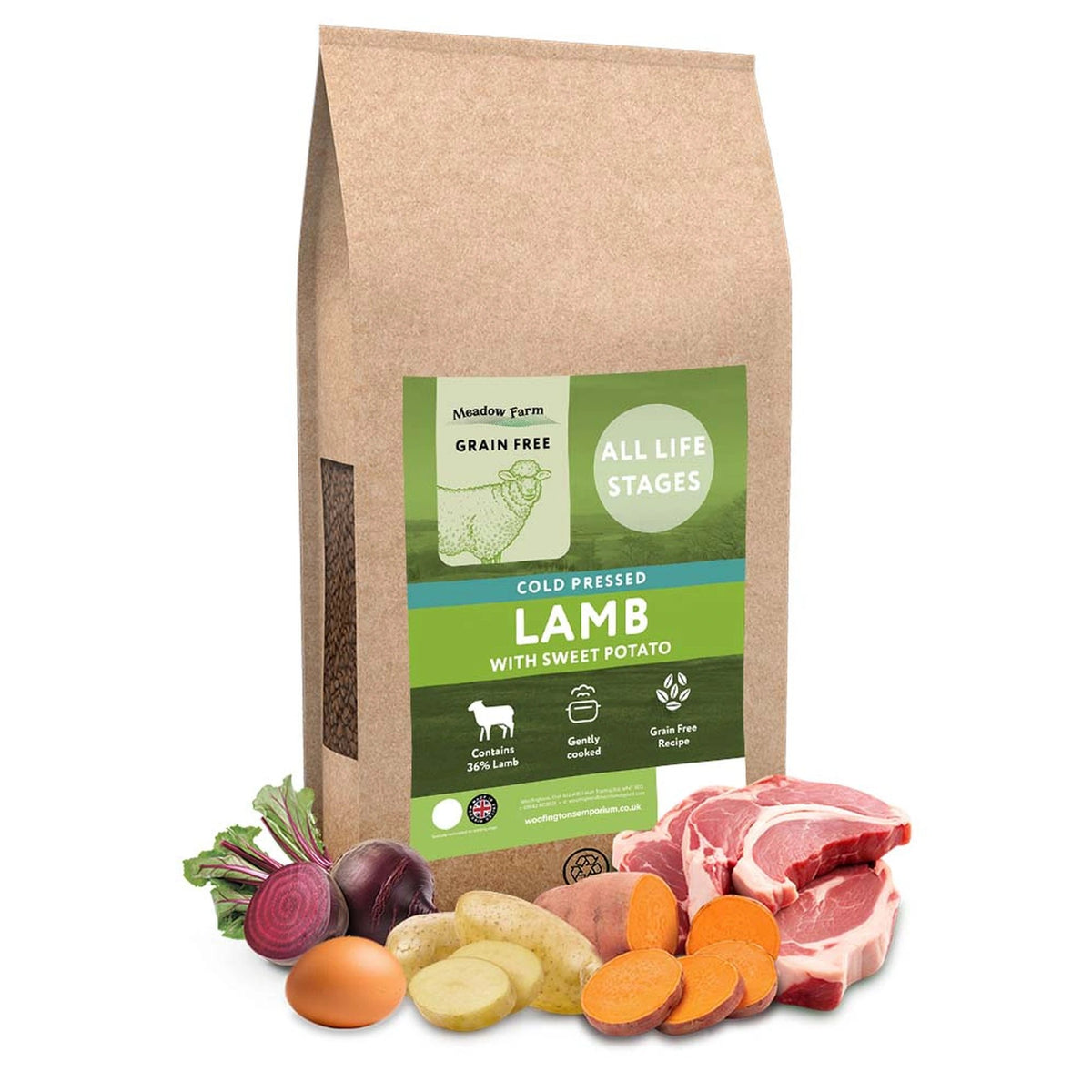 Meadow Farm Cold Pressed Lamb Dog Food 12kg – available from Woofingtons