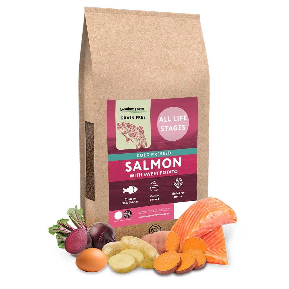 Meadow Farm Cold Pressed Salmon Dog Food 12kg – available from Woofingtons