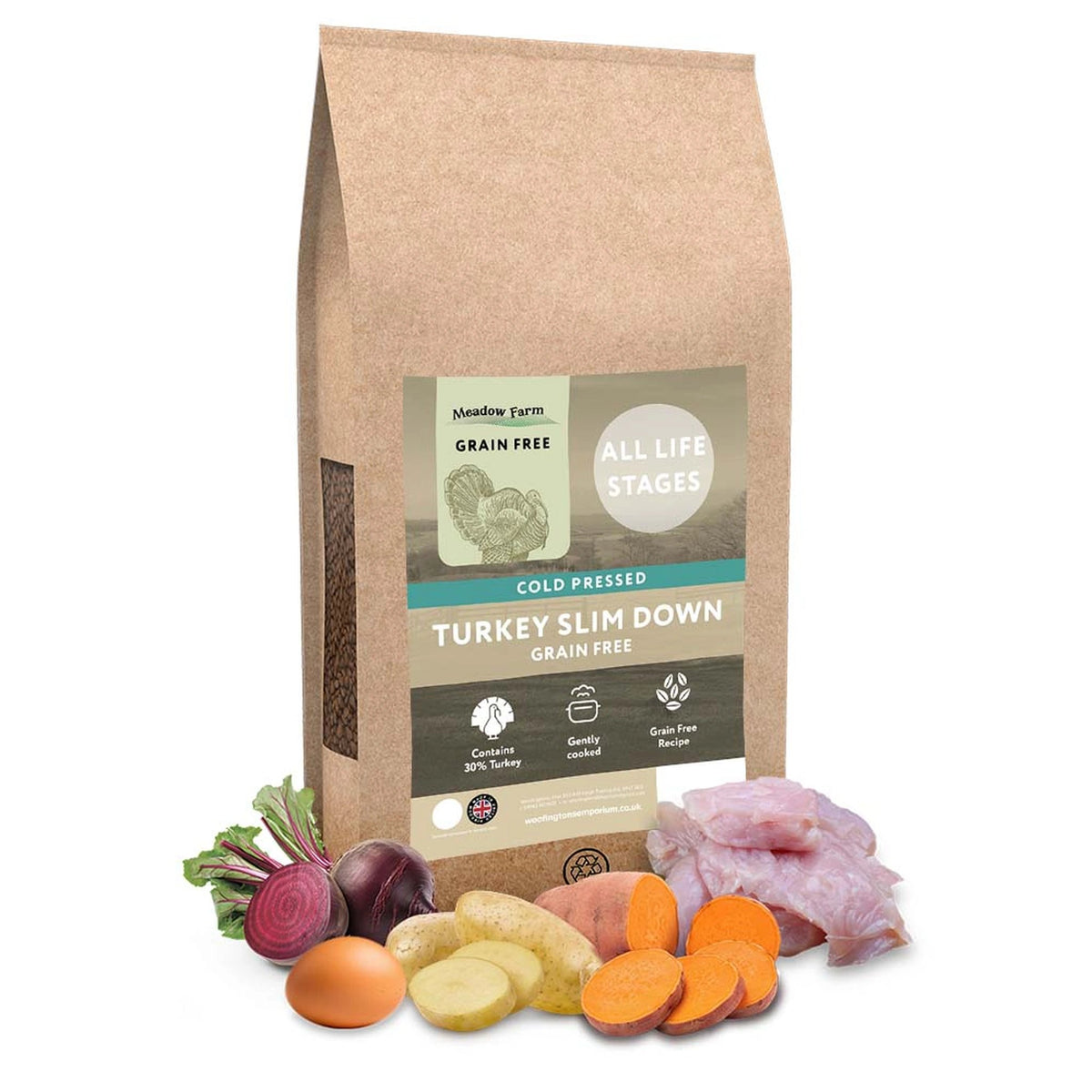 Meadow Farm Cold Pressed Turkey Slim Down Dog Food 12kg – available from Woofingtons