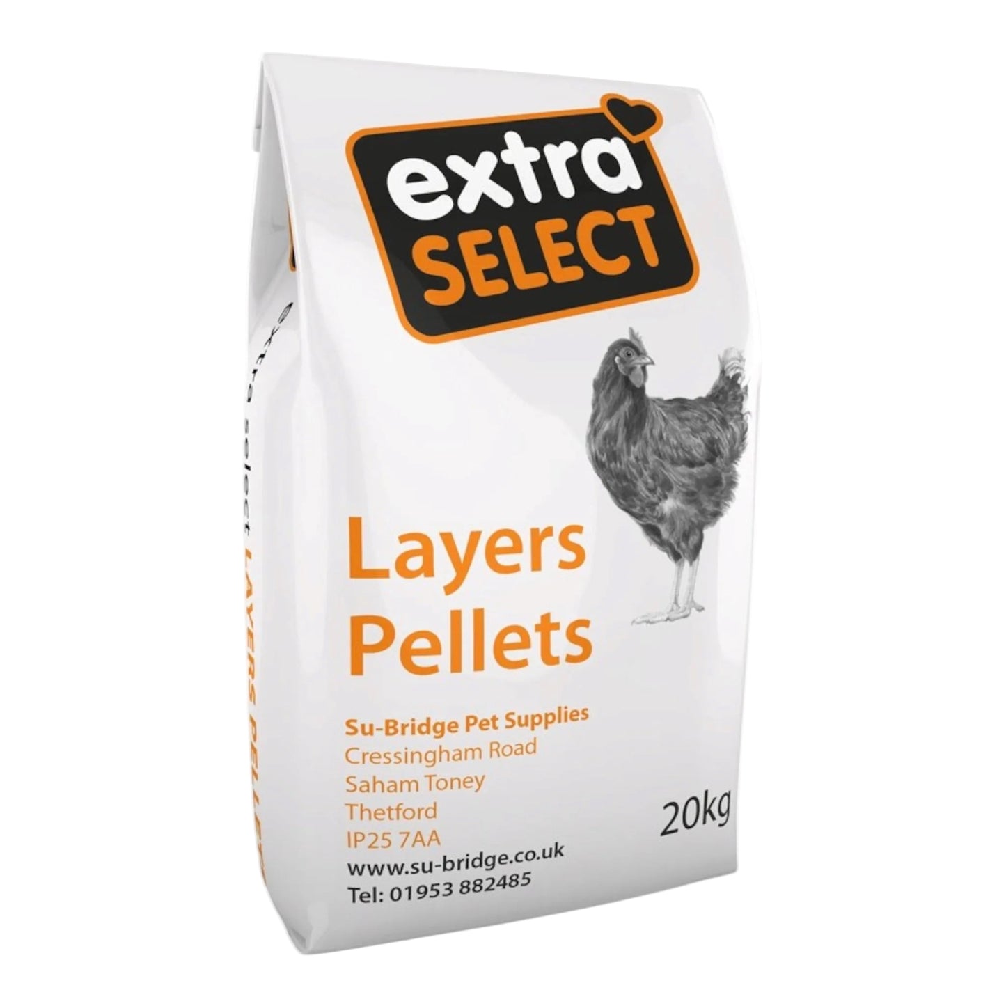 Bag of Extra Select Layers Pellets with a chicken illustration on a white background