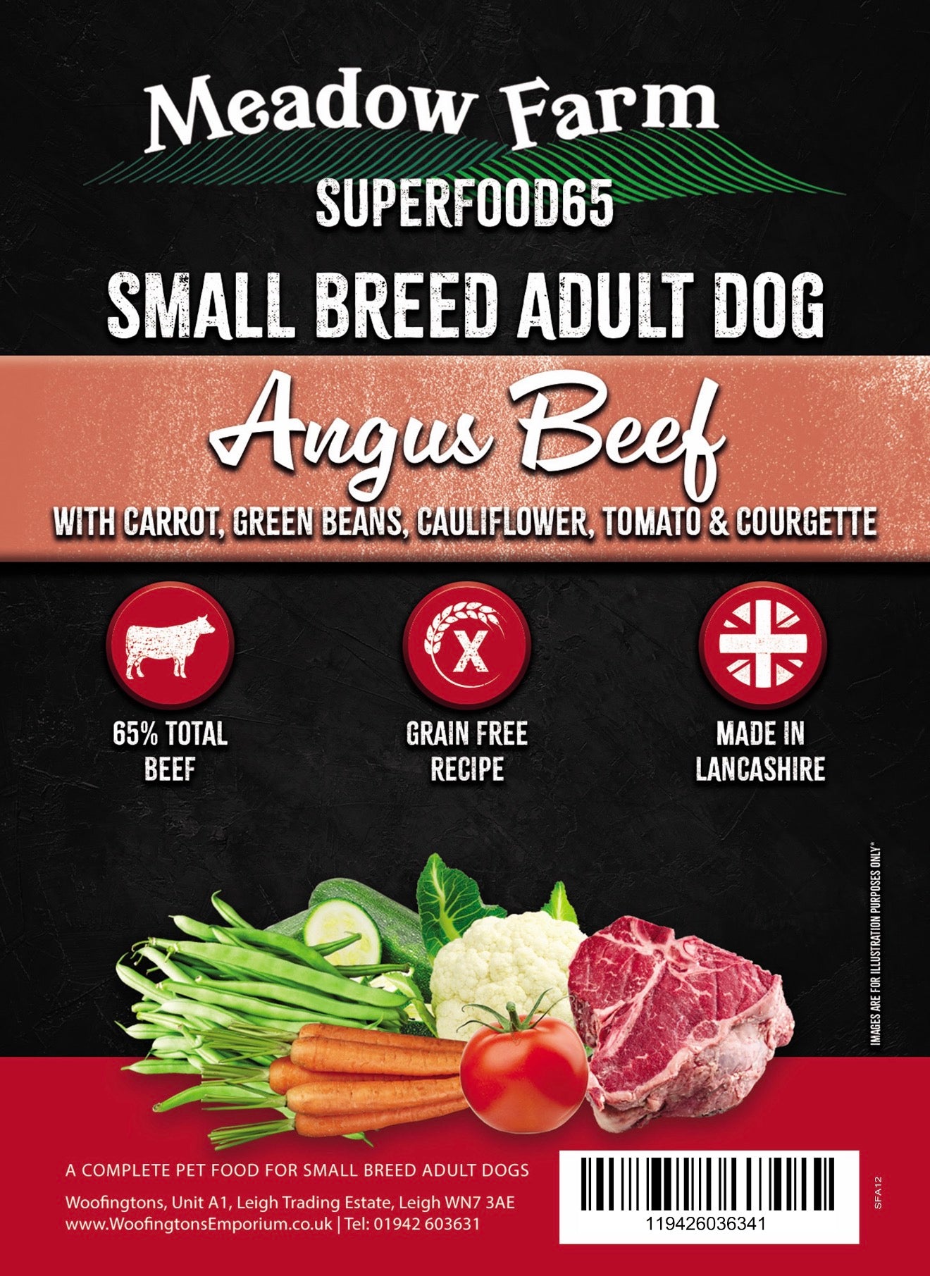 Meadow Farm Superfoods dog food package for small breed adult dogs with Angus Beef flavor.