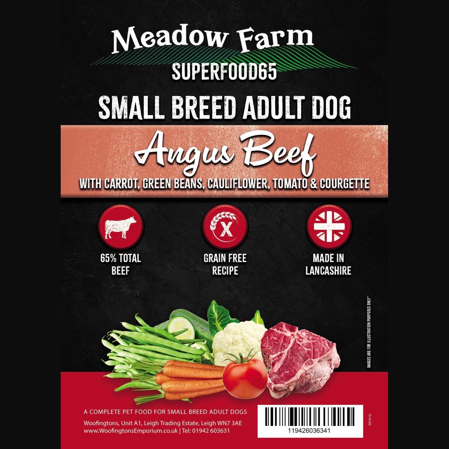 Meadow Farm Superfoods dog food package for small breed adult dogs with Angus Beef flavor.