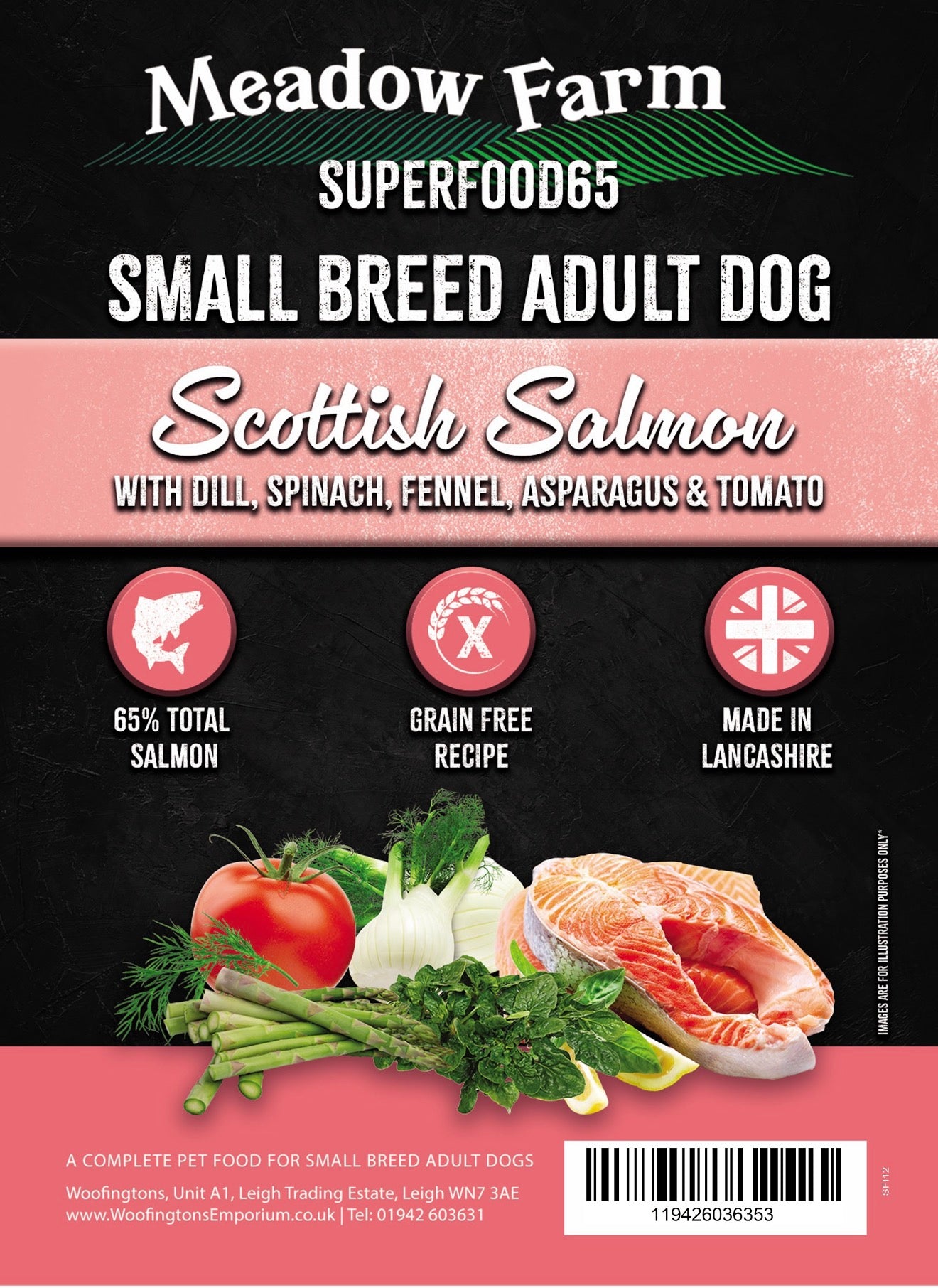Meadow Farm dog food package for small breed adult dogs with Scottish Salmon flavor.