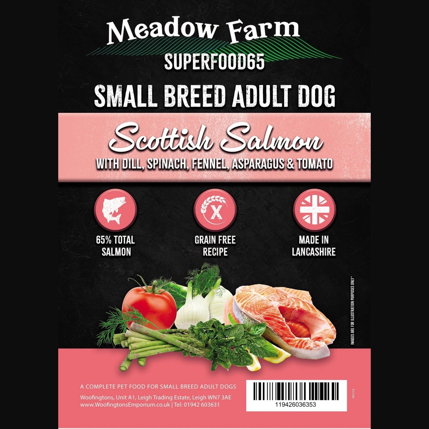 Meadow Farm dog food package for small breed adult dogs with Scottish Salmon flavor.