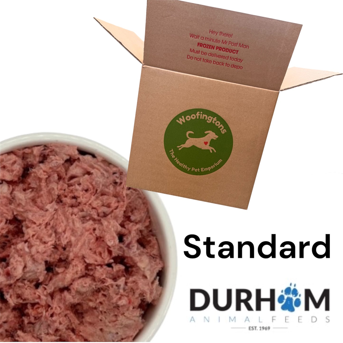 Bowl of pet food with a cardboard box featuring Woofingtons logo on a white background