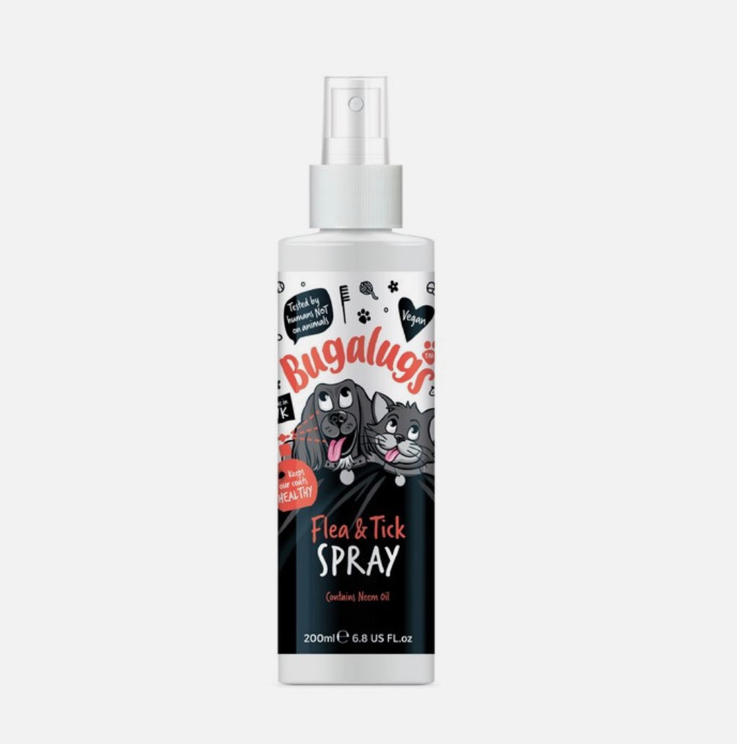 Bugalugs Dog & Cat Flea & Tick Spray 200ml – Neem Oil Protection – available from Woofingtons