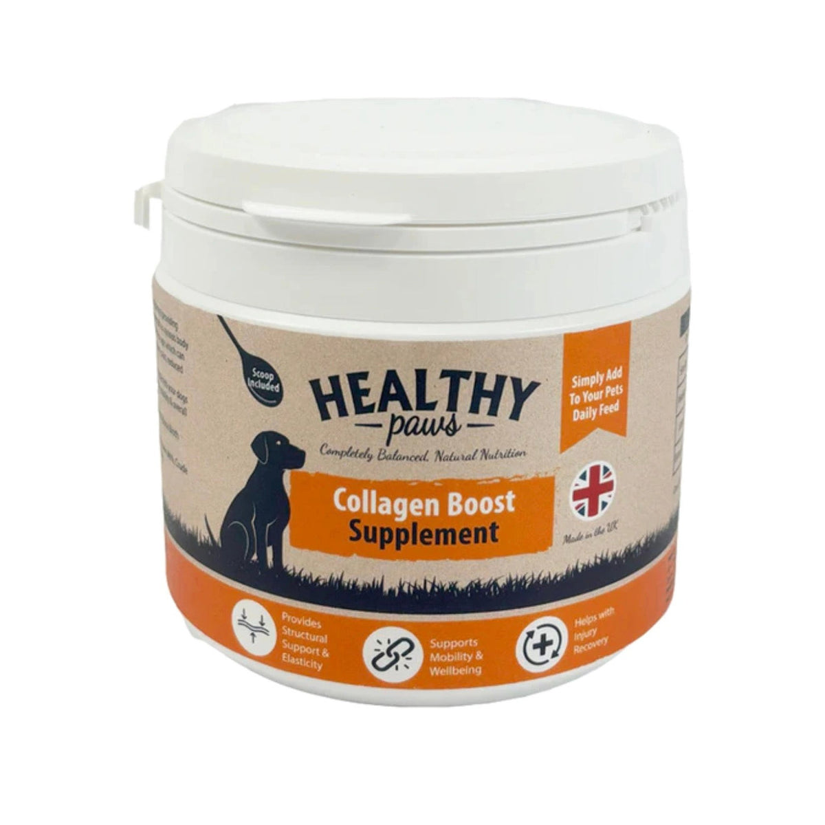 Healthy paws Collagen Boost Dog Supplement 250g – available from Woofingtons