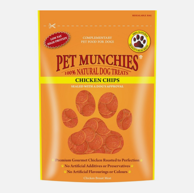 Pet Munchies Chicken Chips 100g – available from Woofingtons