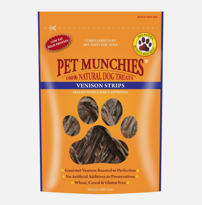 Pet Munchies Venison Strips 75g – available from Woofingtons