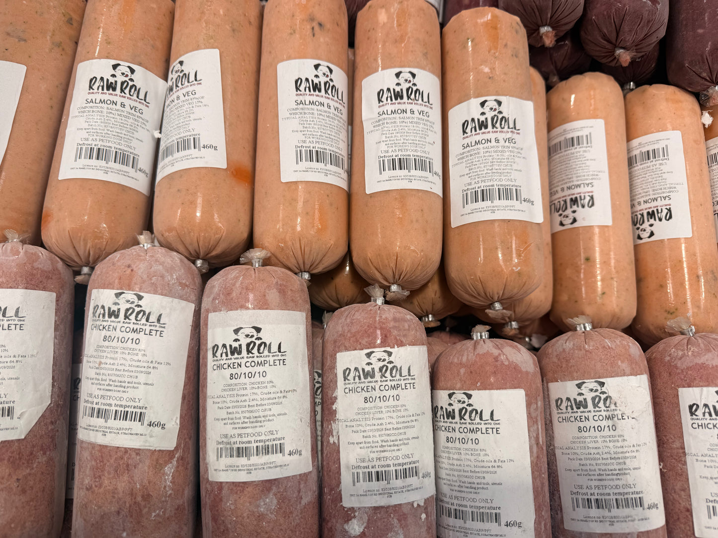 Raw Roll, Dog Food Rolls 460g – 80/10/10 & 80/20 Complete Options – available from Woofingtons