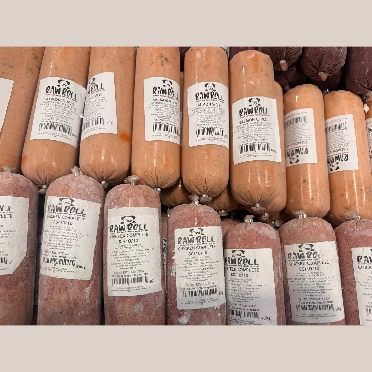 Raw Roll, Dog Food Rolls 460g – 80/10/10 & 80/20 Complete Options – available from Woofingtons