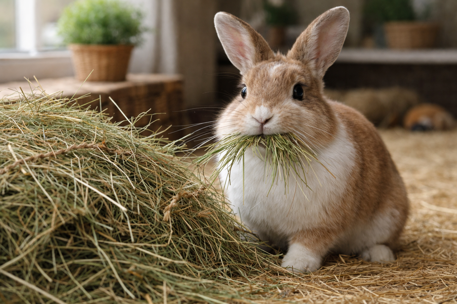 Rabbit eating fresh hay