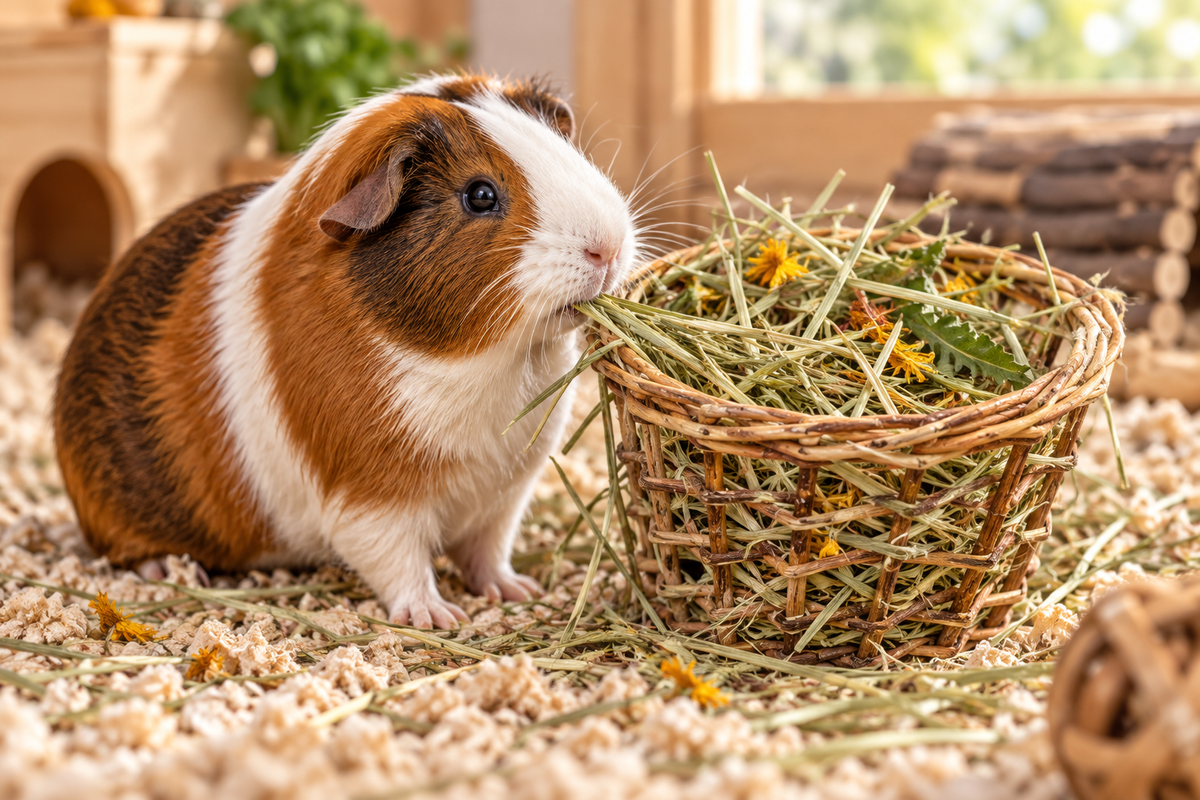 Guinea pig foraging for hay in a Natural Nibbles Willow Basket Hay Rack
