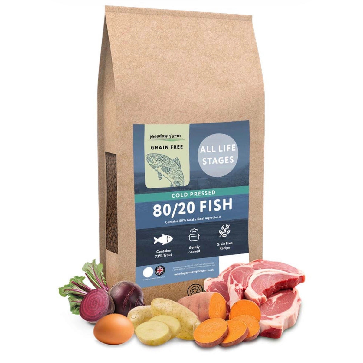 Meadow Farm Cold Pressed Trout 80/20 Dog Food – available from Woofingtons
