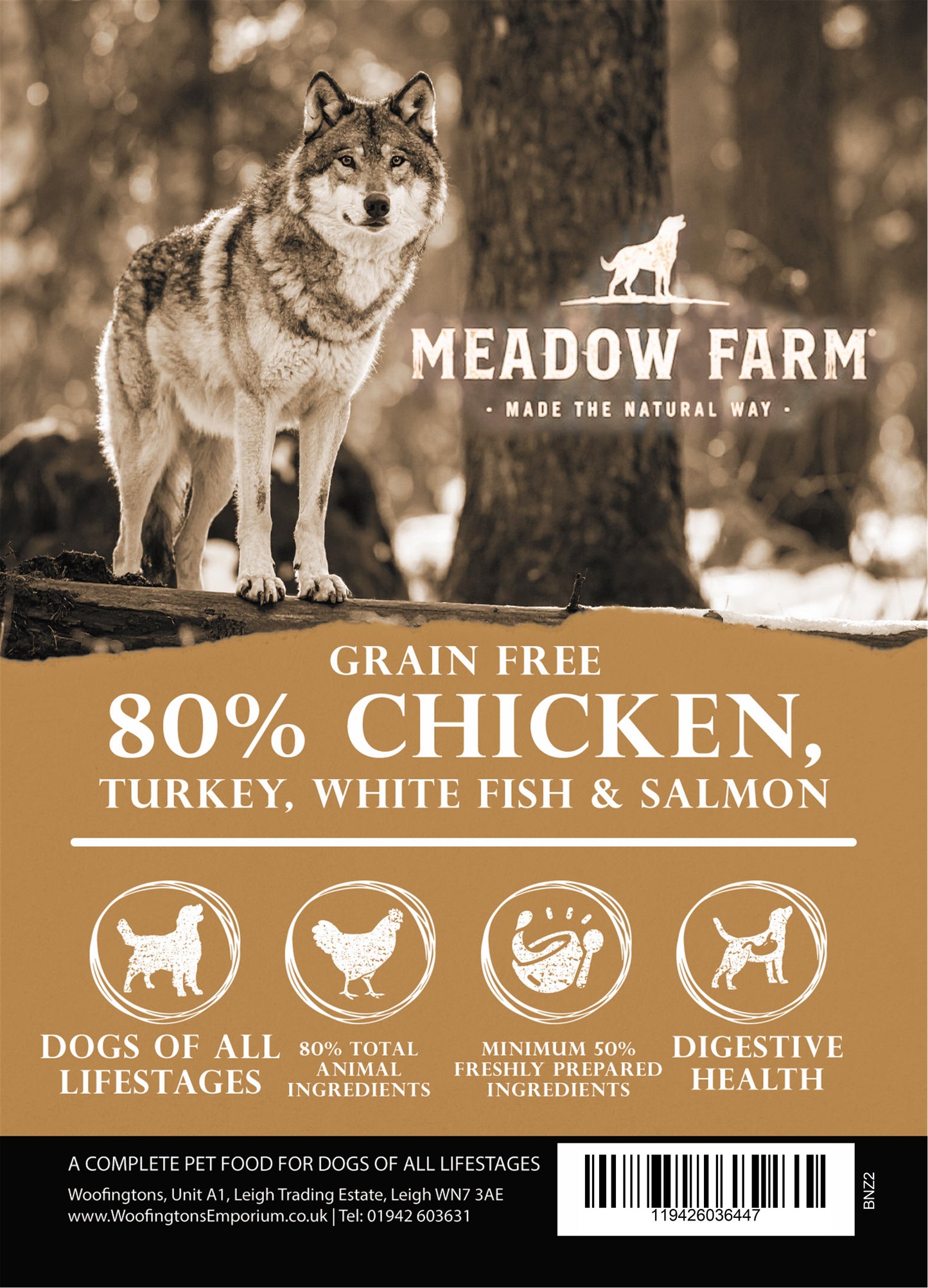 Meadow Farm Wilderness 80% Chicken dog food bag