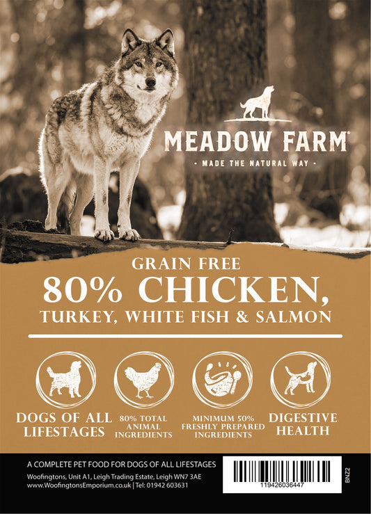 Meadow Farm Wilderness 80% Chicken dog food bag