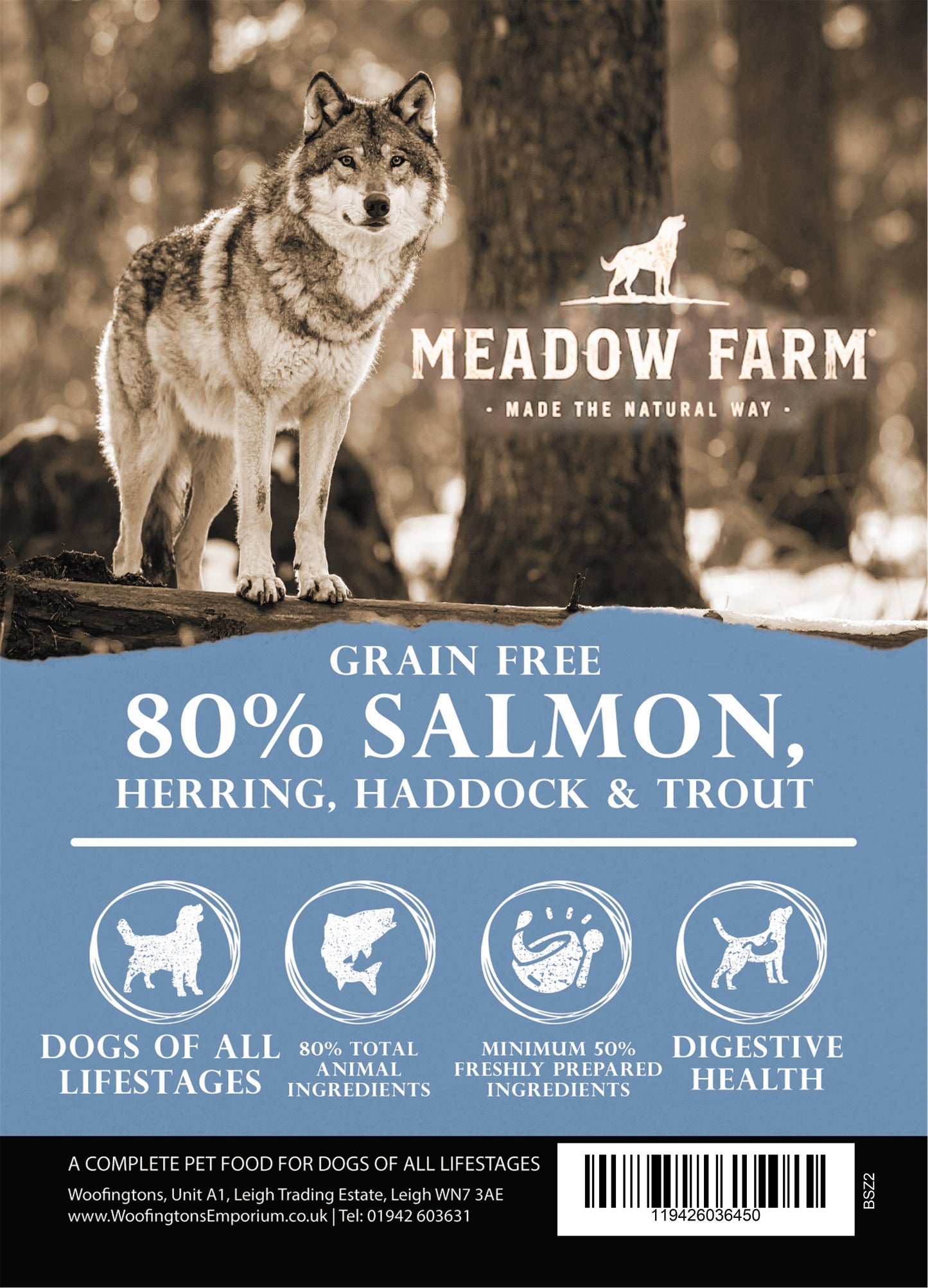 Meadow Farm Wilderness 80% Fish dog food bag