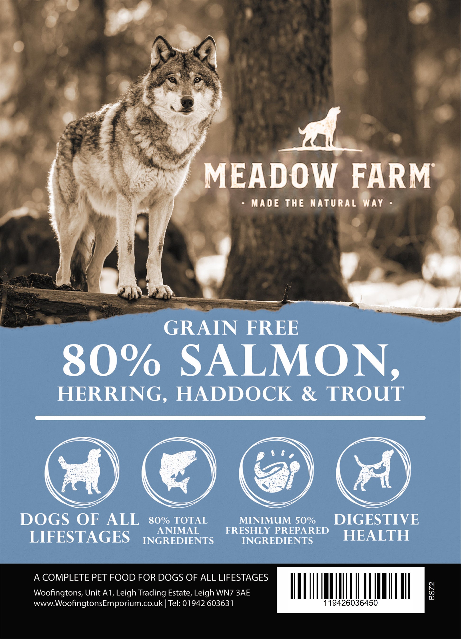 Meadow Farm Wilderness 80% Fish dog food bag