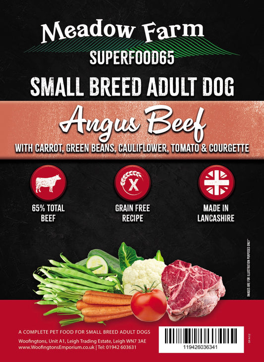Meadow Farm Superfoods dog food package for small breed adult dogs with Angus Beef flavor.