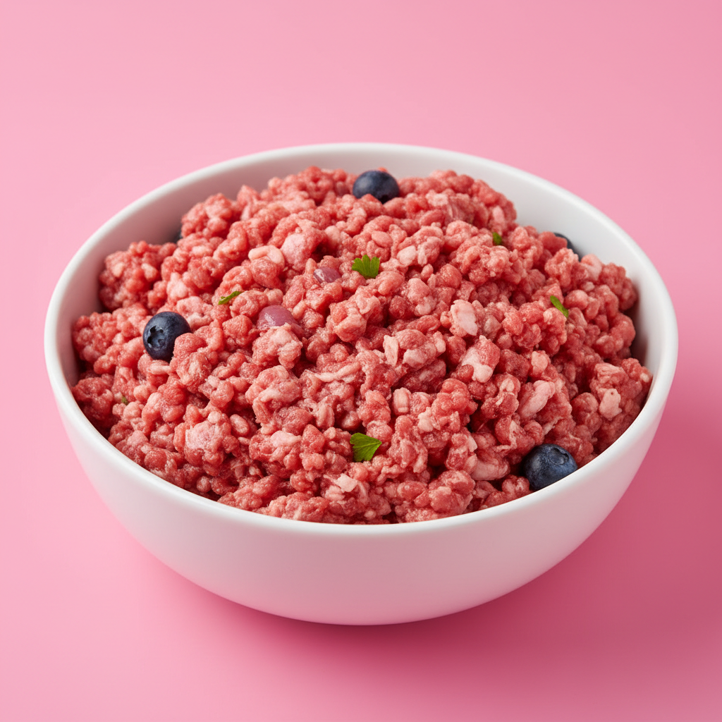 Bowl of ground meat with blueberries on a pink background