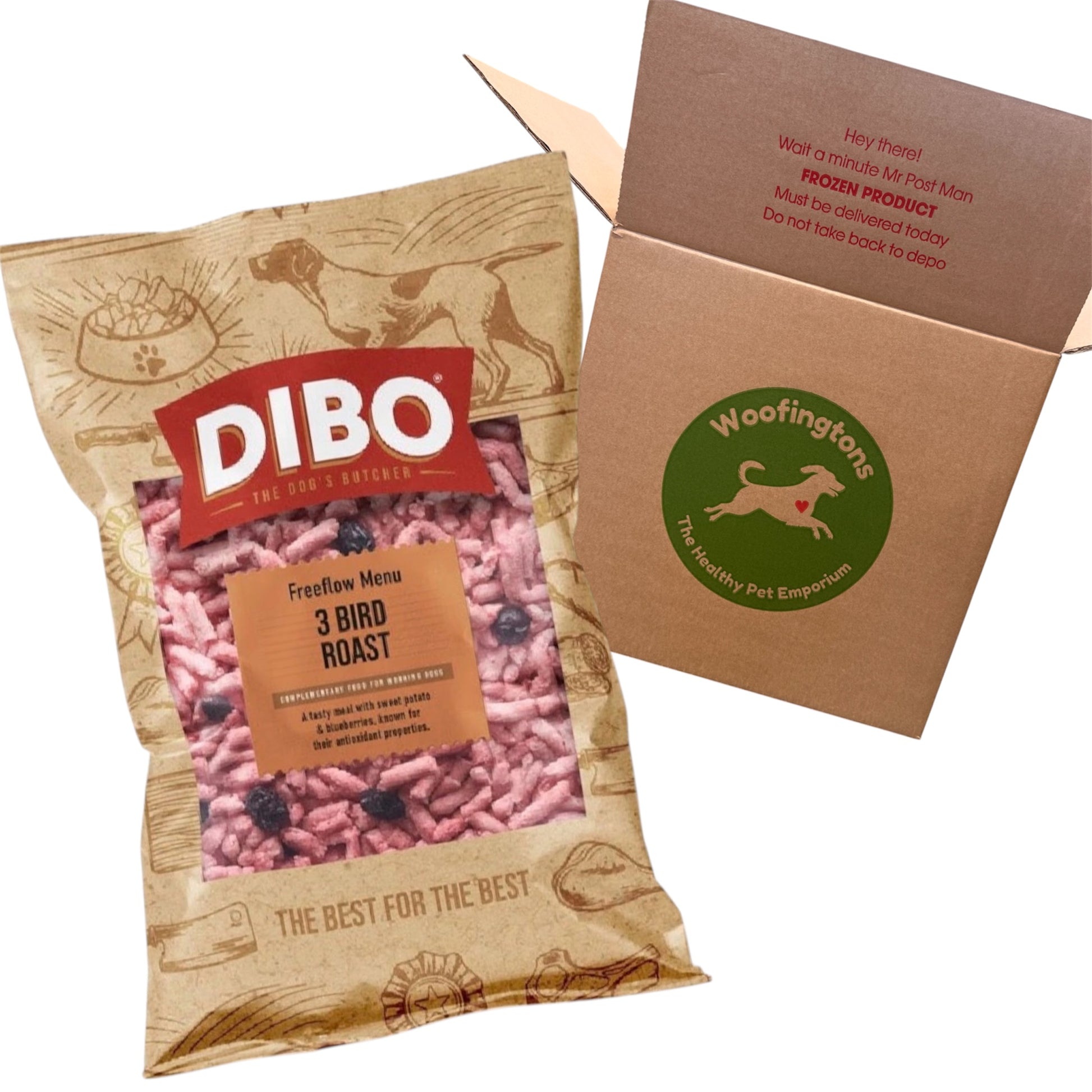 DIBO pet food package with Woofingtons branding on a white background
