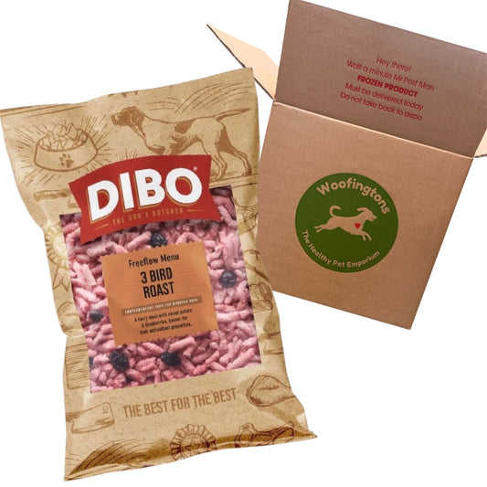 DIBO pet food package with Woofingtons branding on a white background
