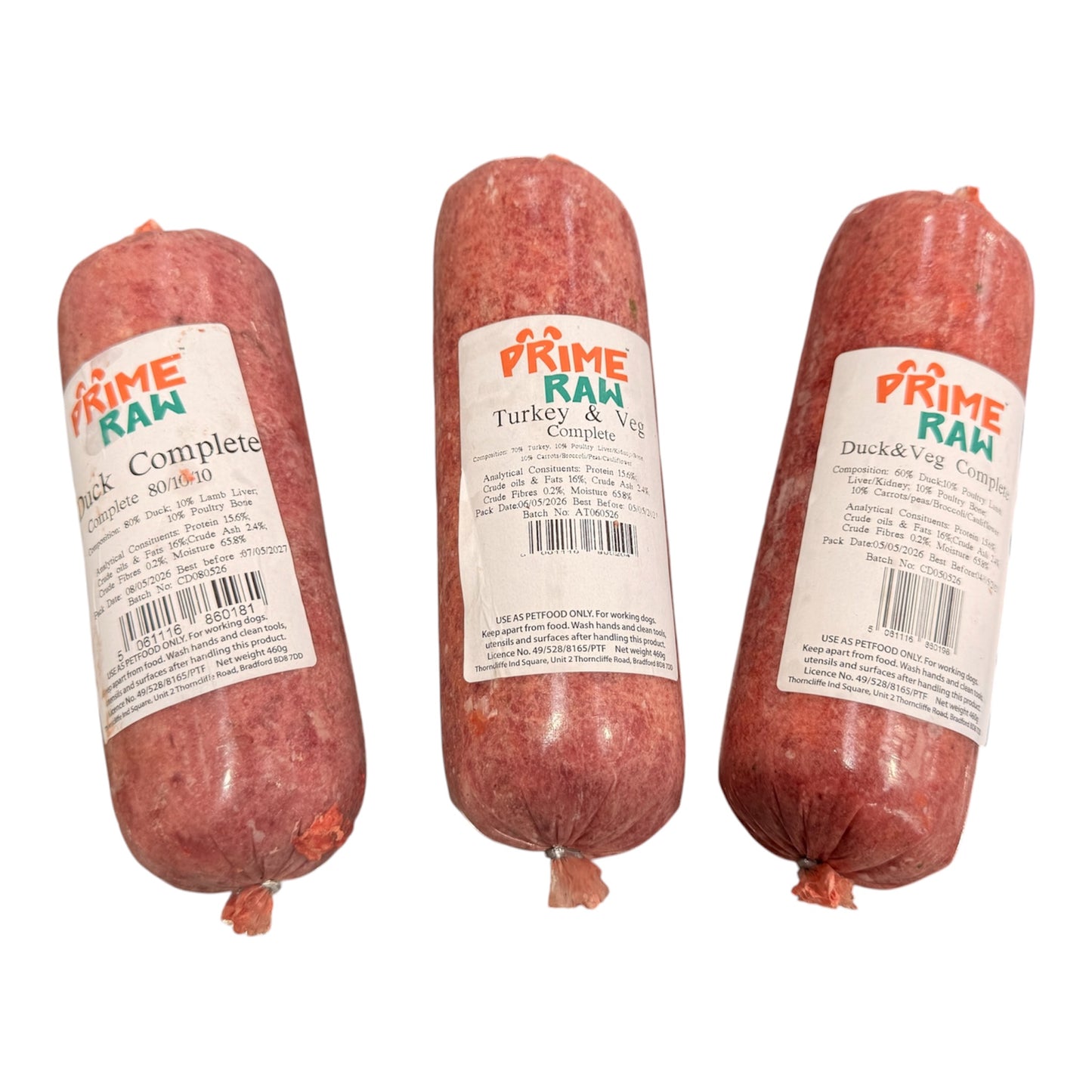 Three packages of Prime Raw pet food on a white background