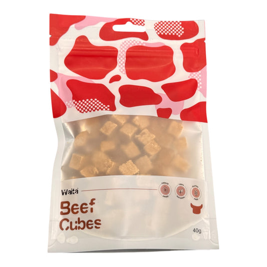 Package of Waita Beef Cubes with red cow pattern on a white background
