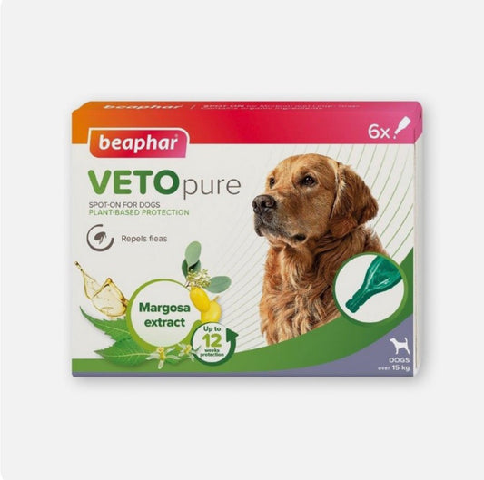 Beaphar VETOpure Medium & Large Dog Flea Spot-On (Over 15kg) – 6 Pipettes – available from Woofingtons