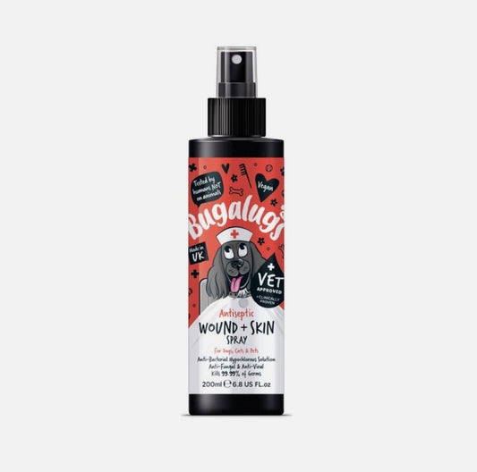 Bugalugs Antiseptic Wound & Skin Spray for dogs & cats – 200ml – available from Woofingtons