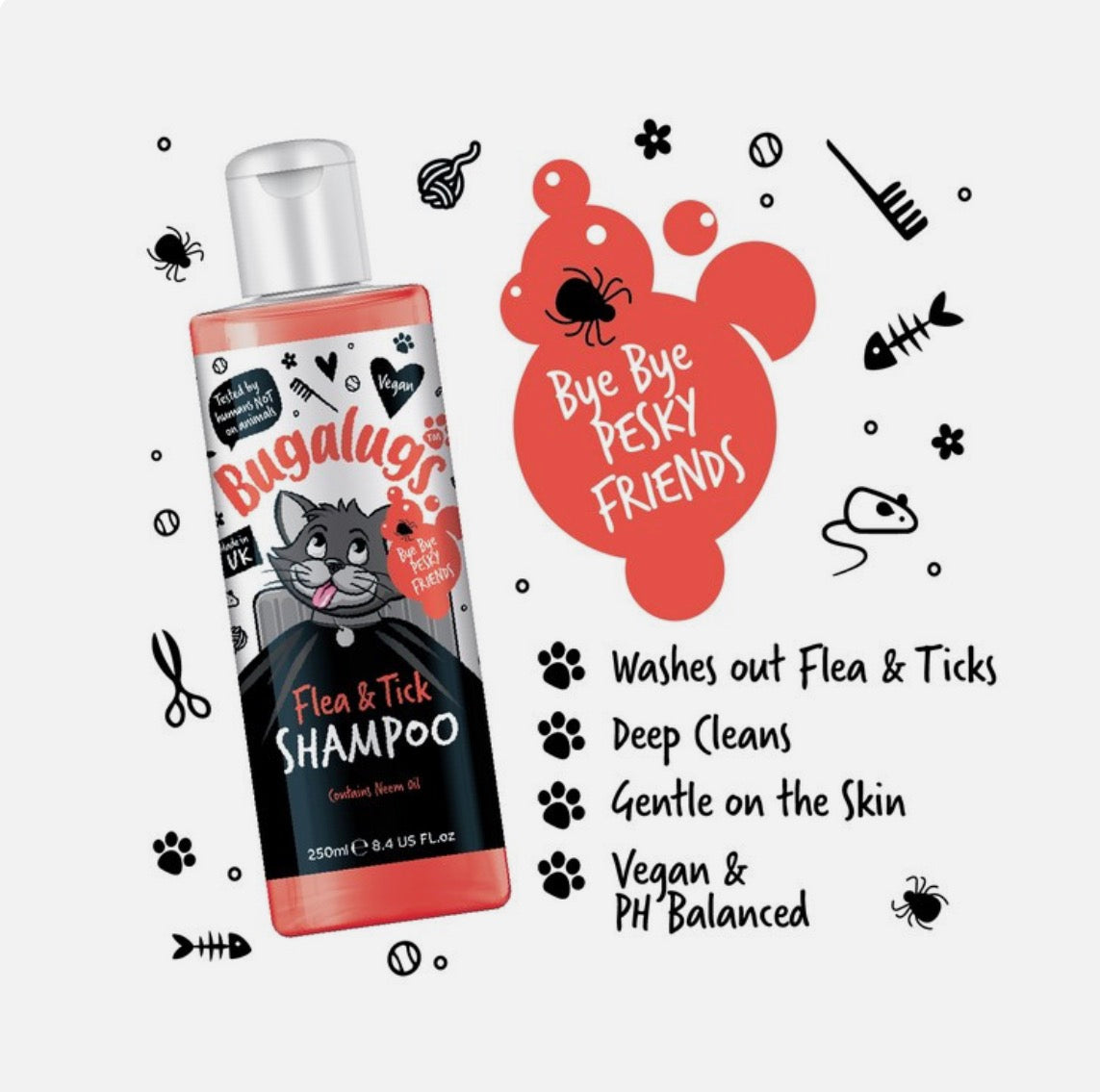 Bugalugs Cat Flea & Tick Shampoo 250ml – Neem Oil Insect Defence – product image 2 from Woofingtons