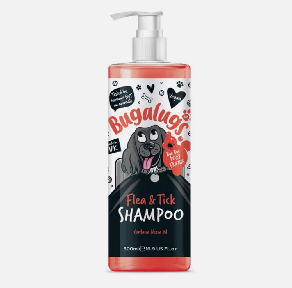 Bugalugs Flea & Tick Shampoo for Dogs 500ml – Neem Oil Protection – available from Woofingtons