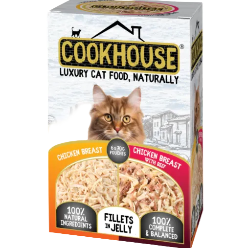 COOKHOUSE Luxury Cat Food - Fillets in Jelly - Chicken with Beef 6 x70g – available from Woofingtons