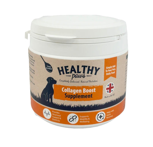 Healthy paws Collagen Boost Dog Supplement 250g – available from Woofingtons