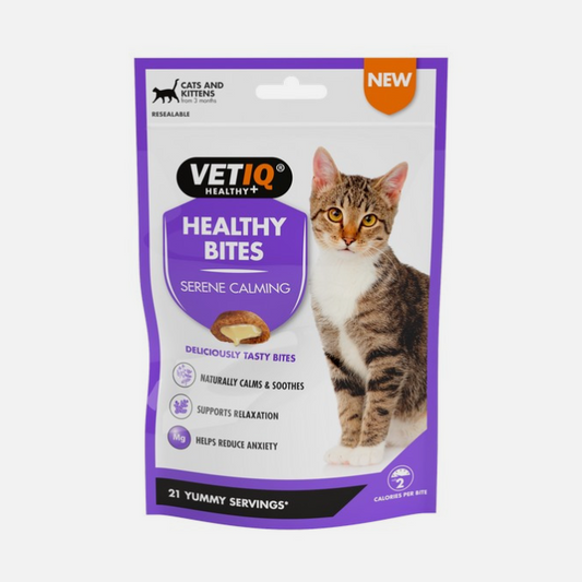 M&C Vet IQ Healthy Bites Serene Calming Cat Treats 65g – available from Woofingtons