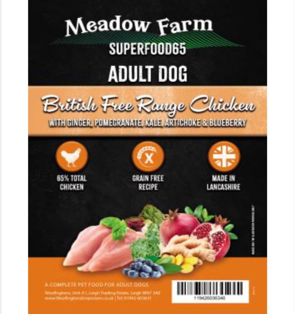 Meadow Farm - British Free Range Chicken Super Blend Grain Free - Adult Dog Food – available from Woofingtons