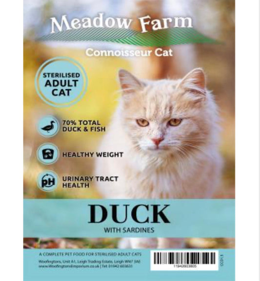 Meadow Farm - Connoisseur Cat - Adult Sterilised - Duck & Sardines – available from Woofingtons