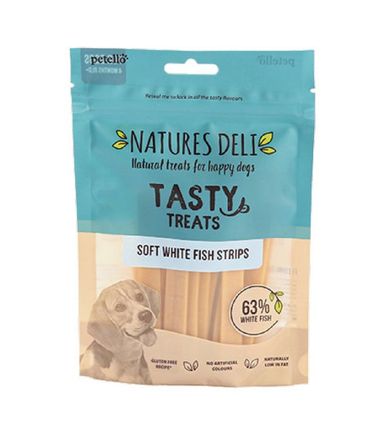 Natures Deli - Soft White Fish Strips 100g – available from Woofingtons