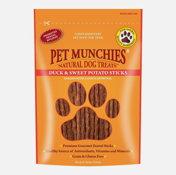 Pet Munchies Duck & Sweet Potato Dental Sticks 90g – available from Woofingtons