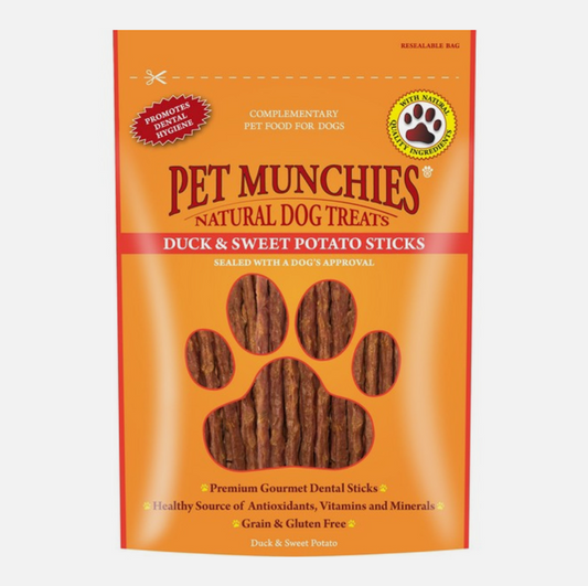 Pet Munchies Duck & Sweet Potato Dental Sticks 90g – available from Woofingtons