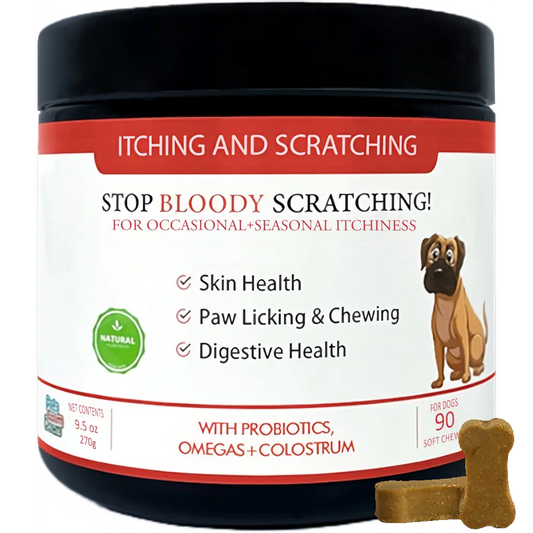 Stop Bloody Scratching Support Pork Chews – available from Woofingtons