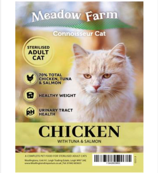 Meadow Farm - Sterilised Adult Cat - Chicken with Tuna and Salmon – available from Woofingtons