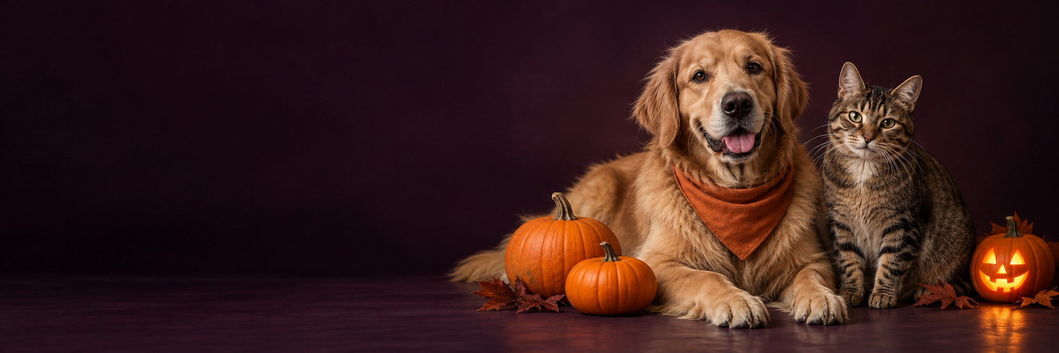 A golden retriever and tabby cat sitting beside autumn pumpkins on a dark plum background